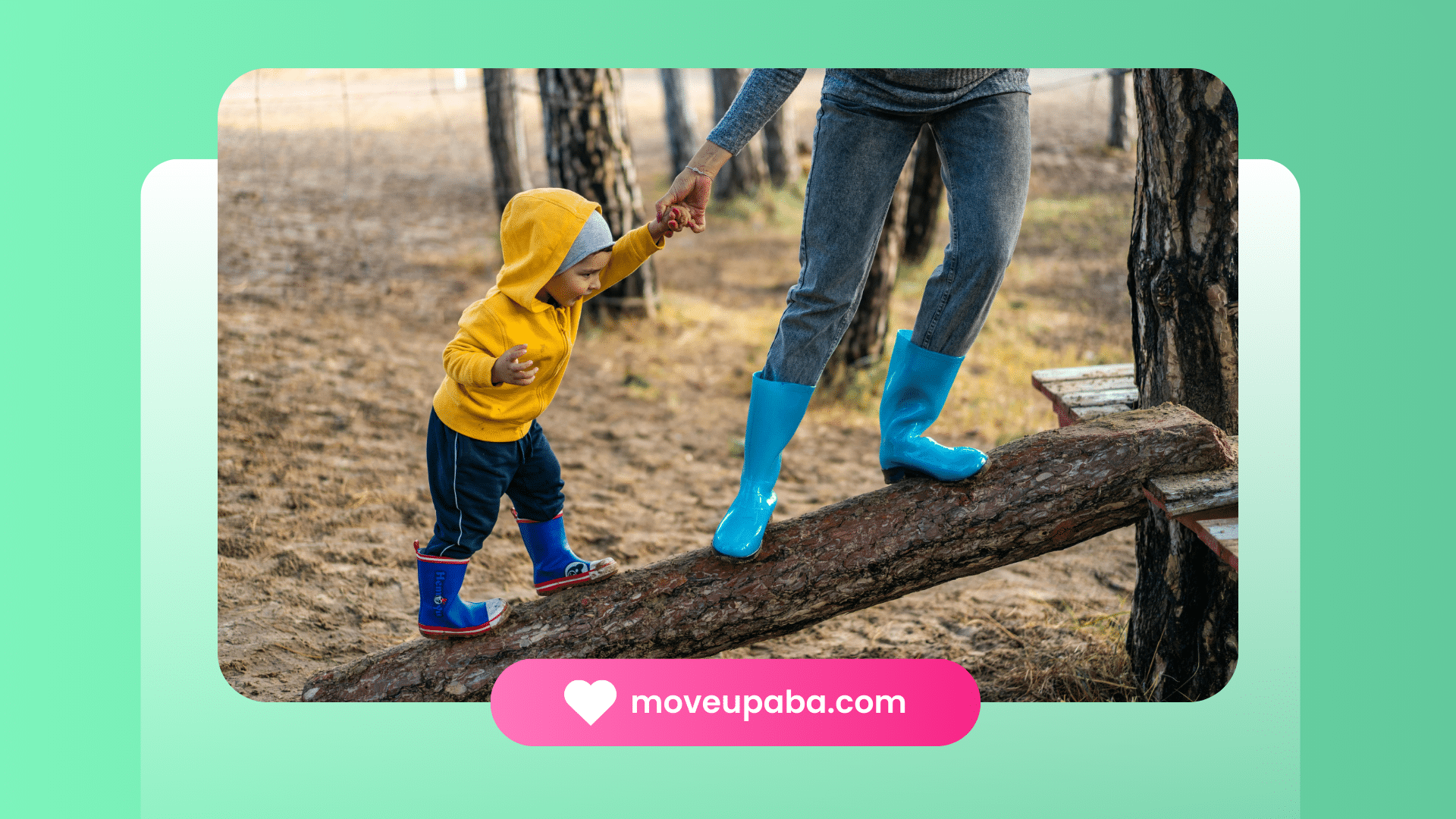 A single mom in Indianapolis helping her autistic child balance on a log while walking in the woods