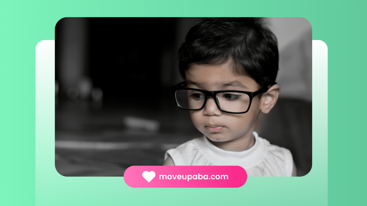 A child with autism wearing oversized eyewear, looking thoughtful