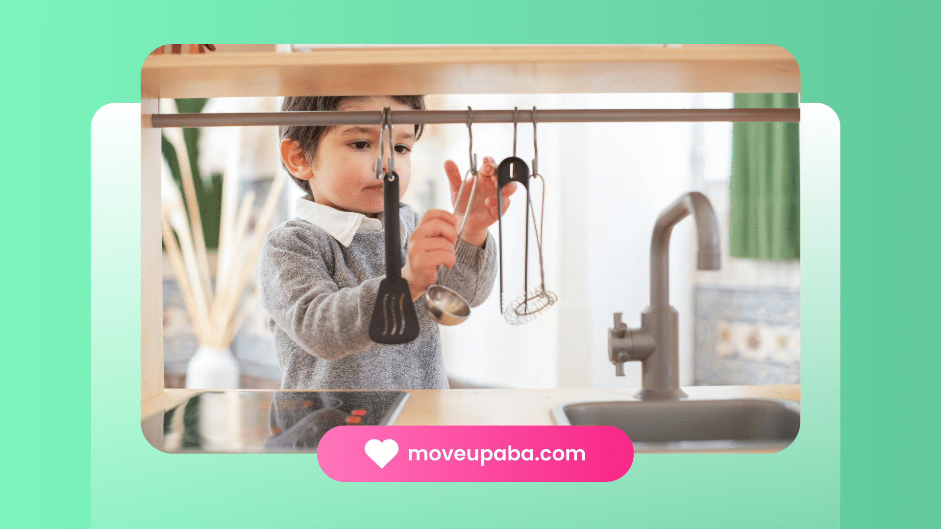 A young child engaging in ABA therapy by playing with kitchen utensils in a play kitchen setup