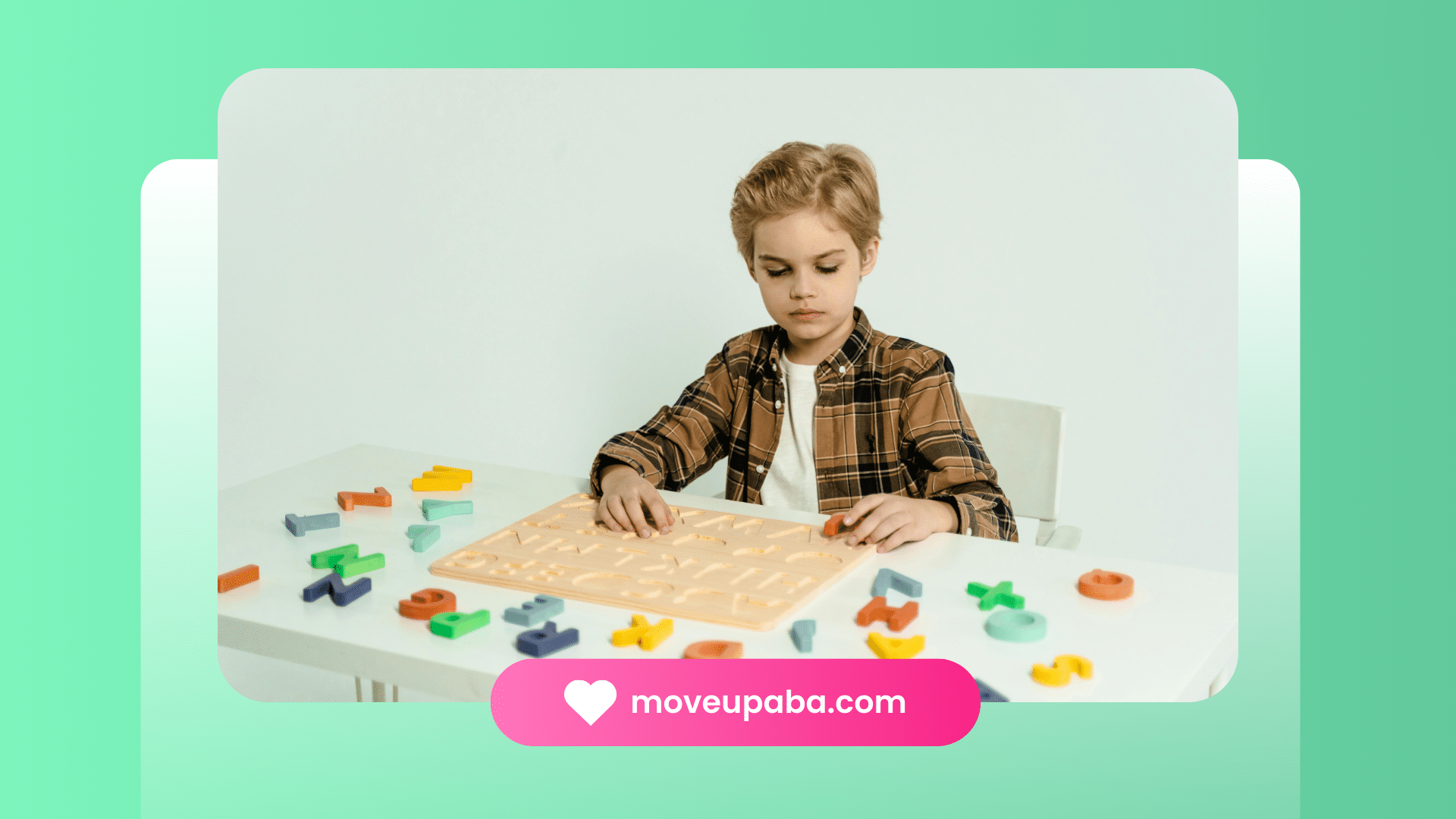 A child with autism working on a colorful alphabet puzzle at a table