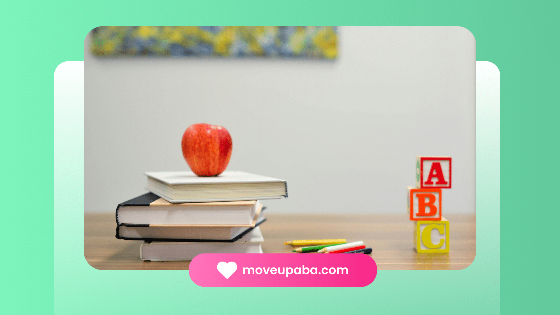 Books arranged in a tidy stack on a table for children receiving center-based ABA therapy.