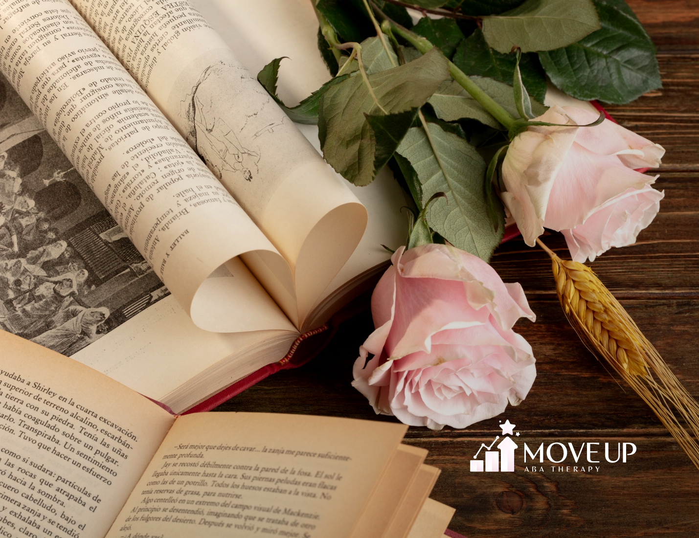 Roses and books on a table; Regency-themed