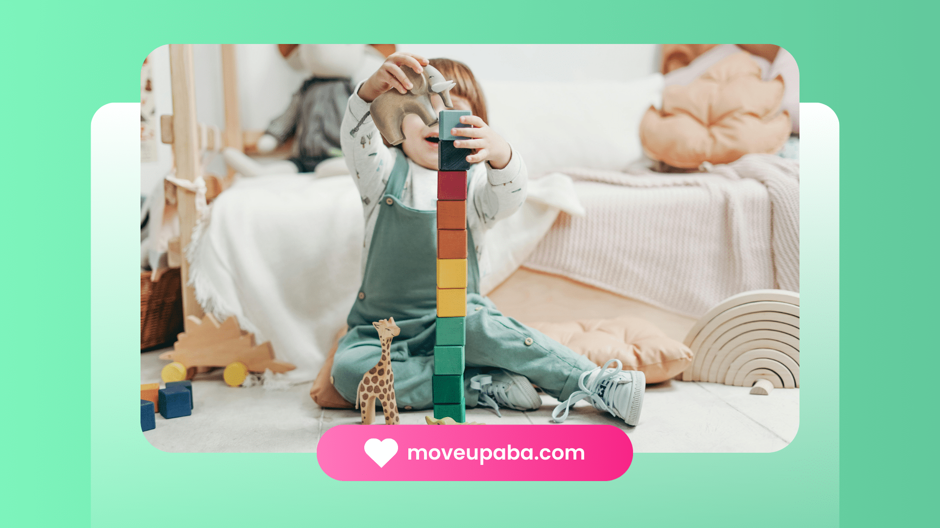 A young child in ABA therapy building a tall tower with colorful blocks