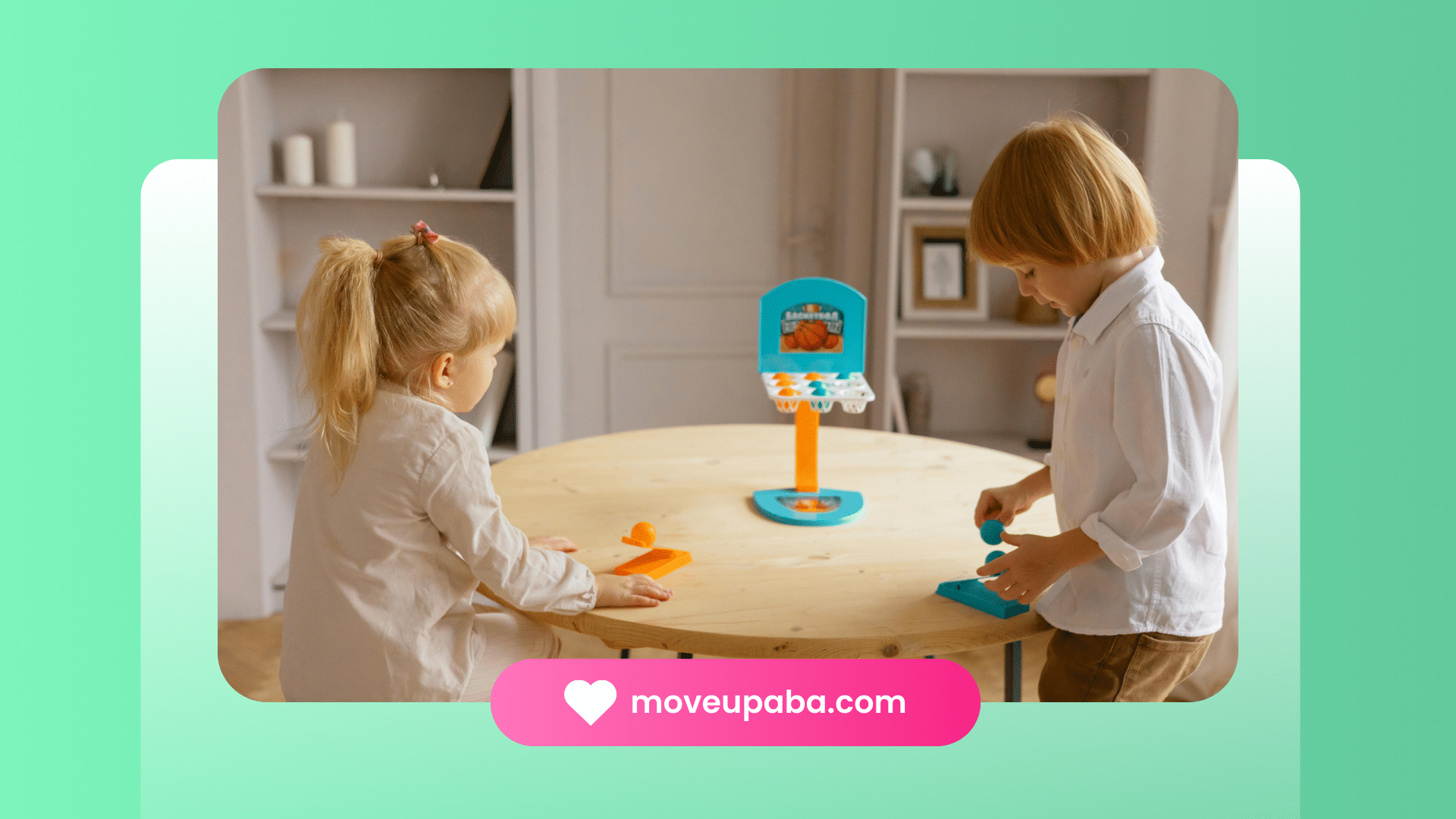 Two young children with autism engaged in an ABA therapy session, playing a tabletop basketball game together