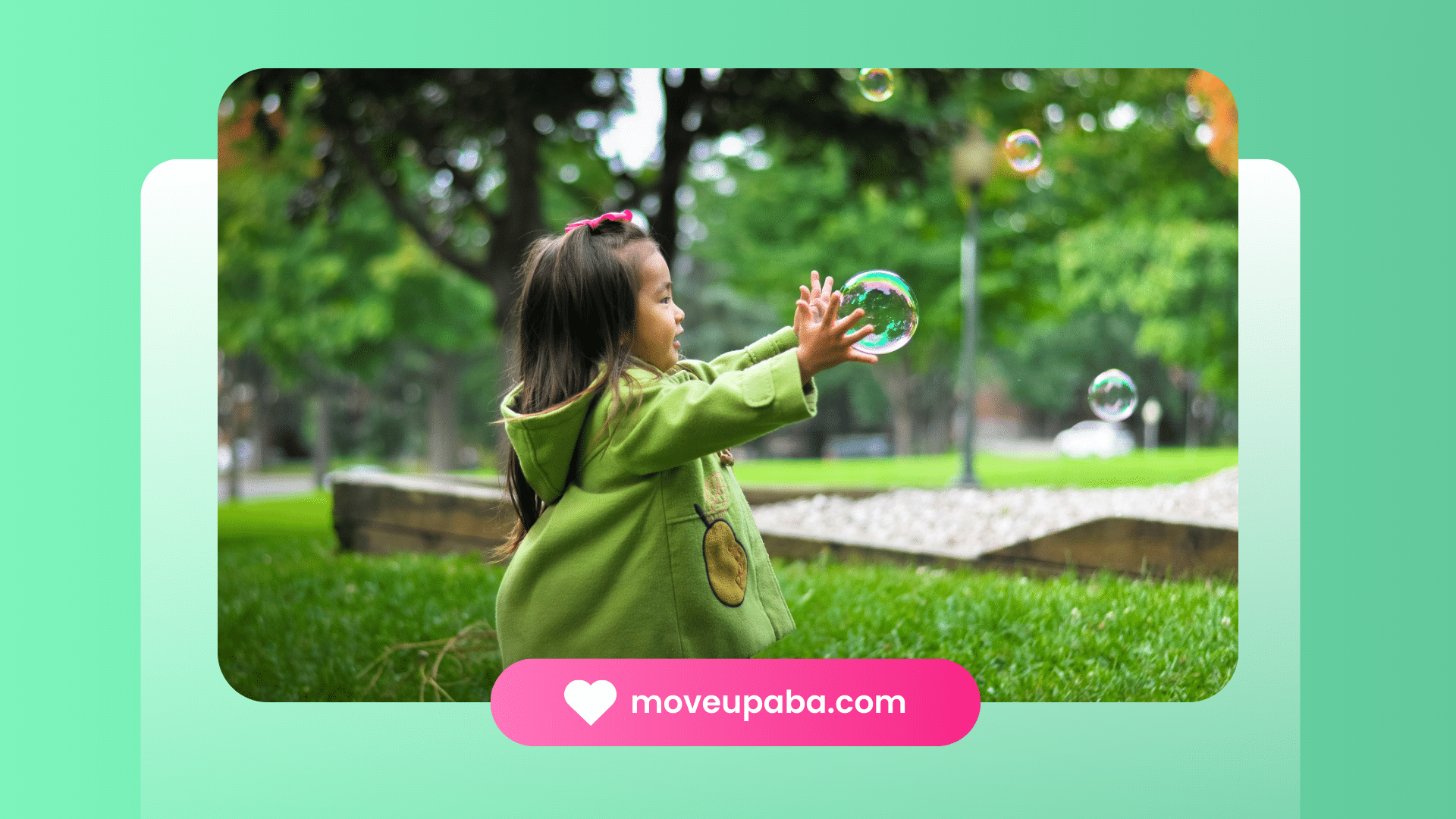 A young autistic child playing with bubbles in a park, reaching out with excitement