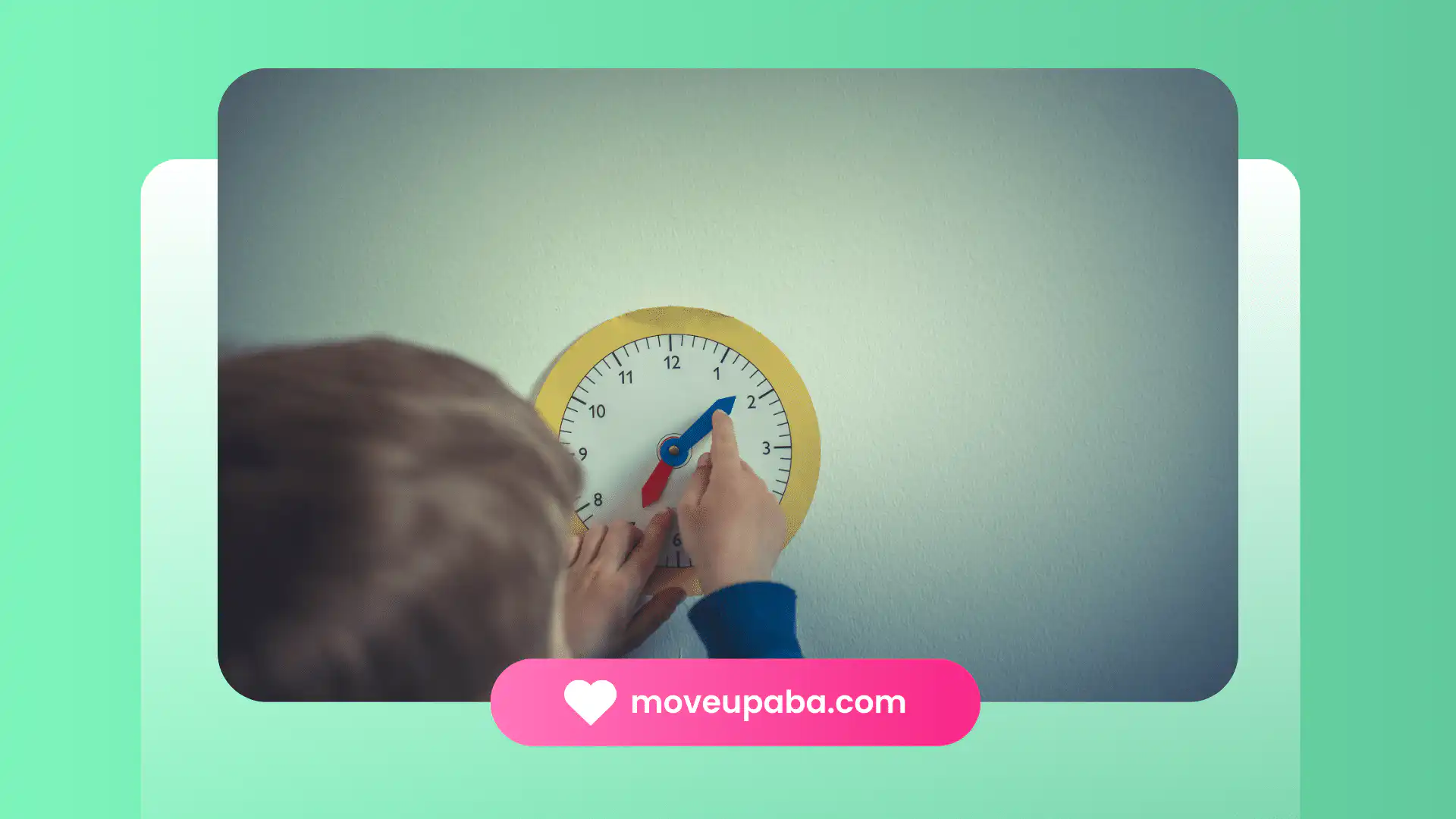A child learning to tell time with a toy clock during an ABA therapy session