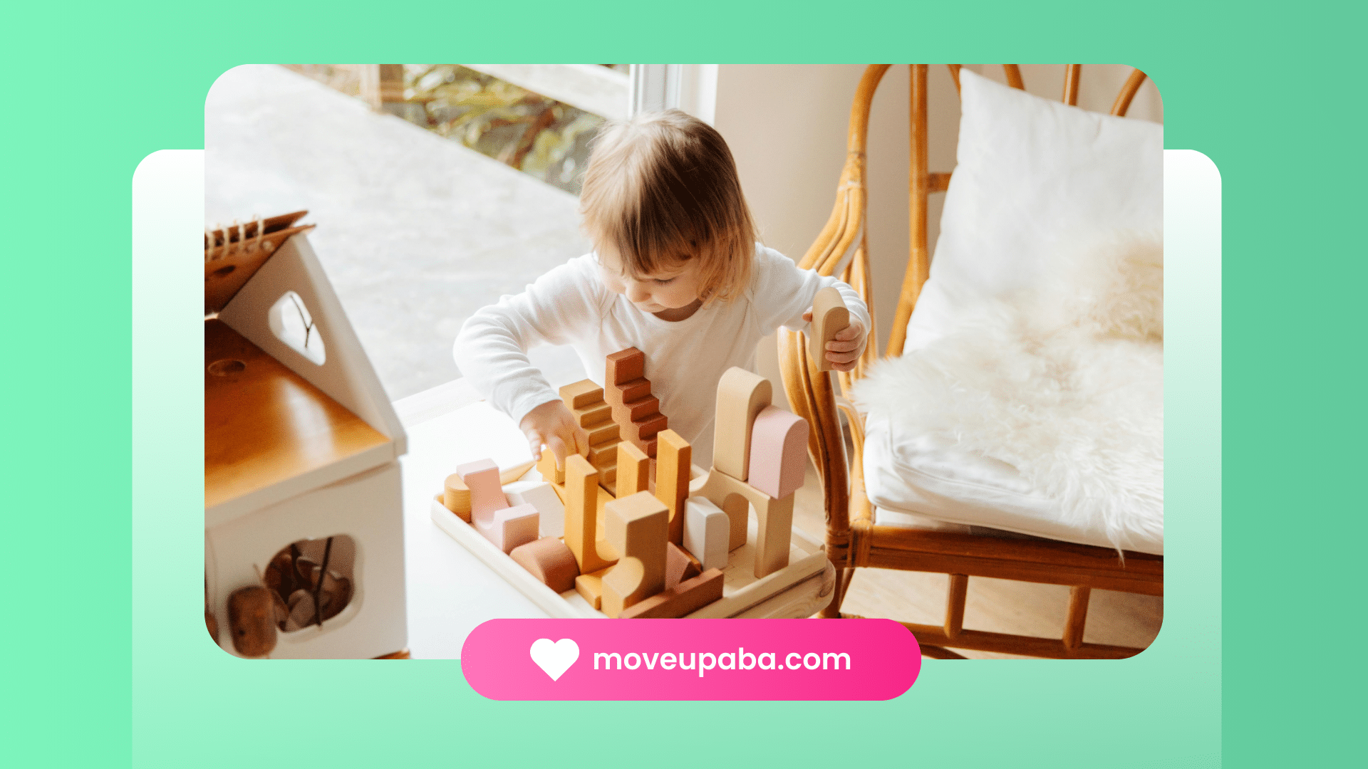 A young child engaging in home-based ABA therapy, playing with wooden blocks at a small table