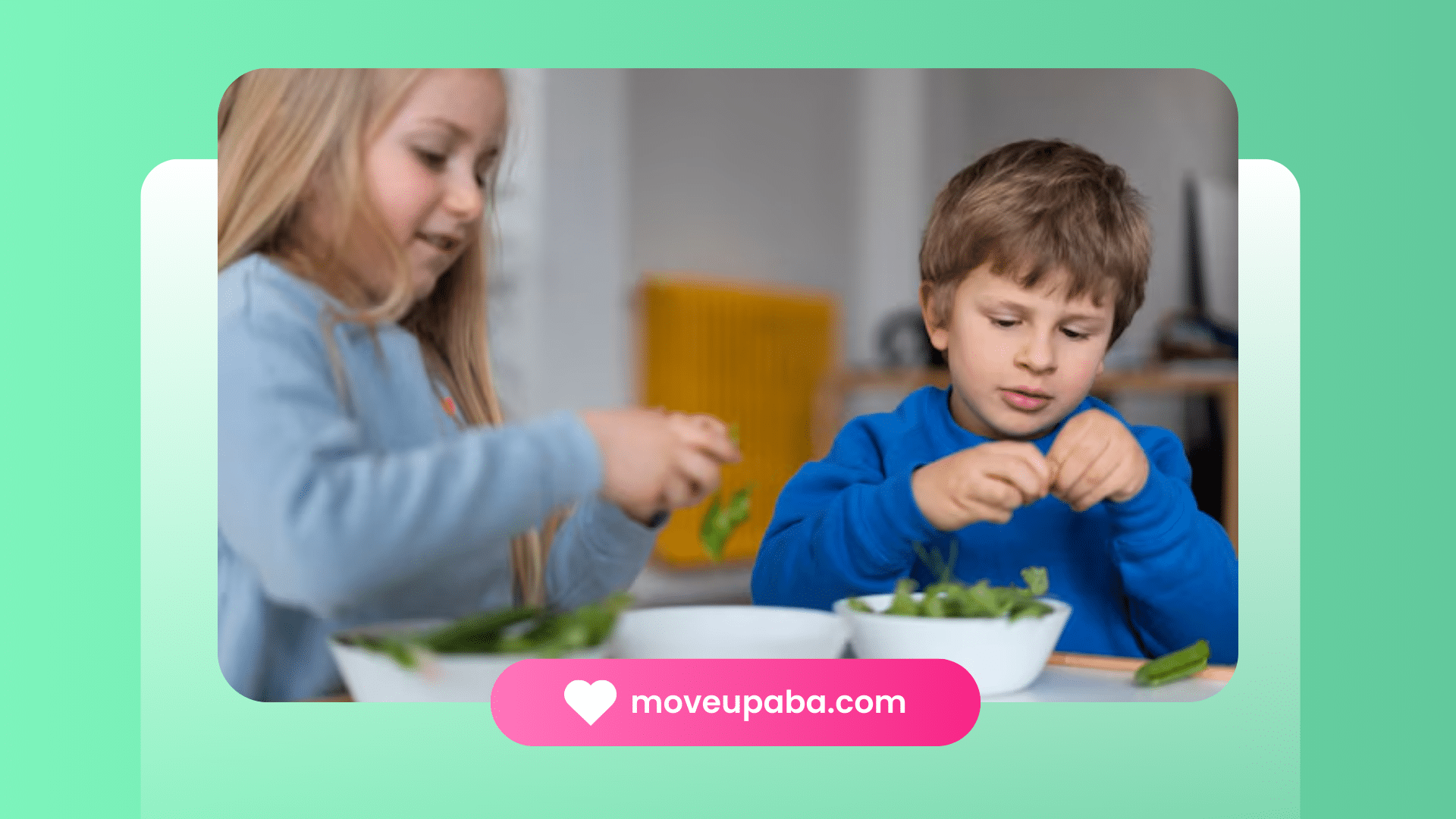 A girl and boy with bowls of green leafy vegetable.