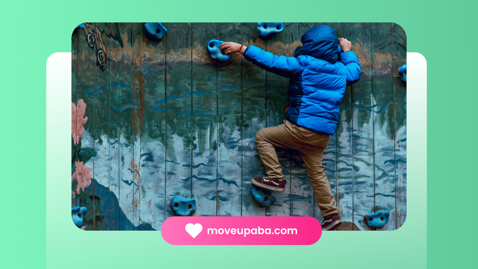 A child in a blue jacket climbs on a colorful outdoor wall, showing both autism and ADHD symptoms.