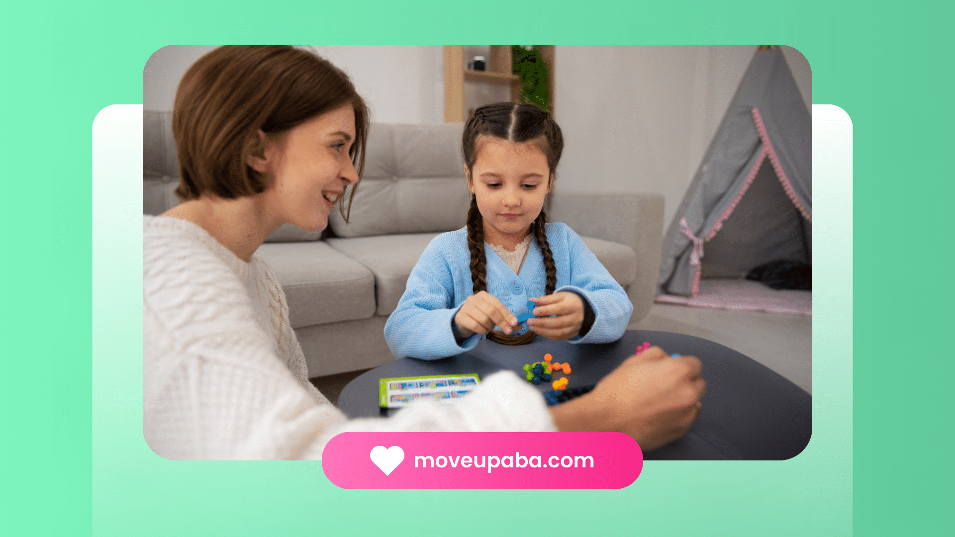 mom with her daughter in the living room playing with claydough