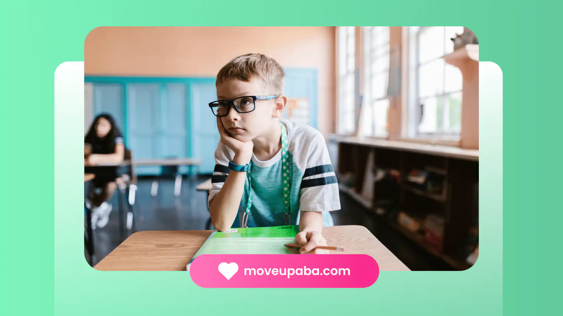 An autistic boy wearing eyeglasses in the classroom.