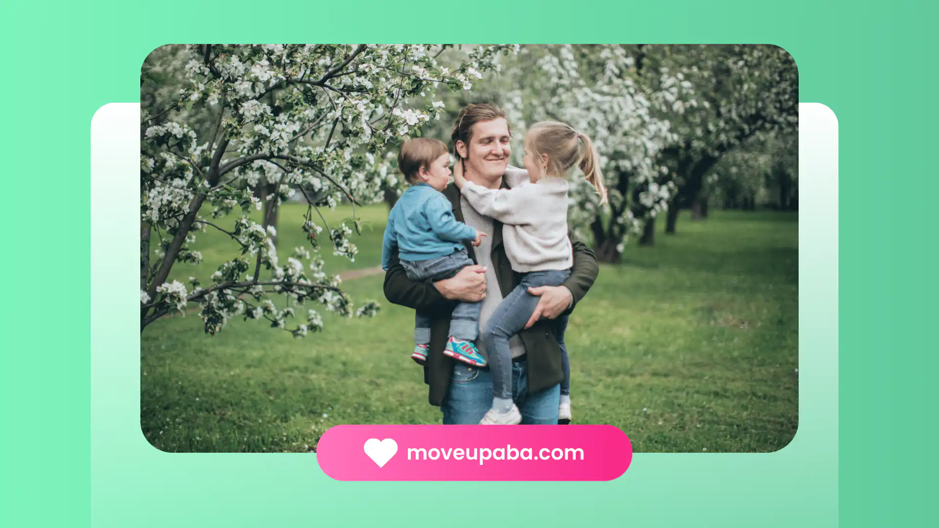 A parent, who is looking for an ABA therapist, holding two young children in a blossoming orchard