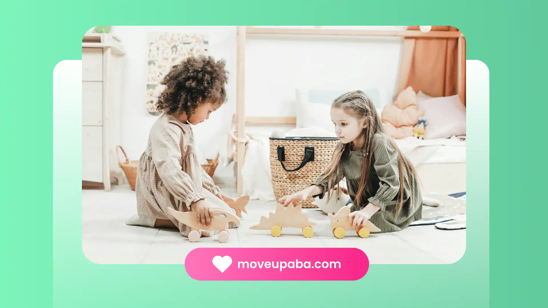 Two young girls playing with wooden dinosaur toys during an ABA therapy session for autism