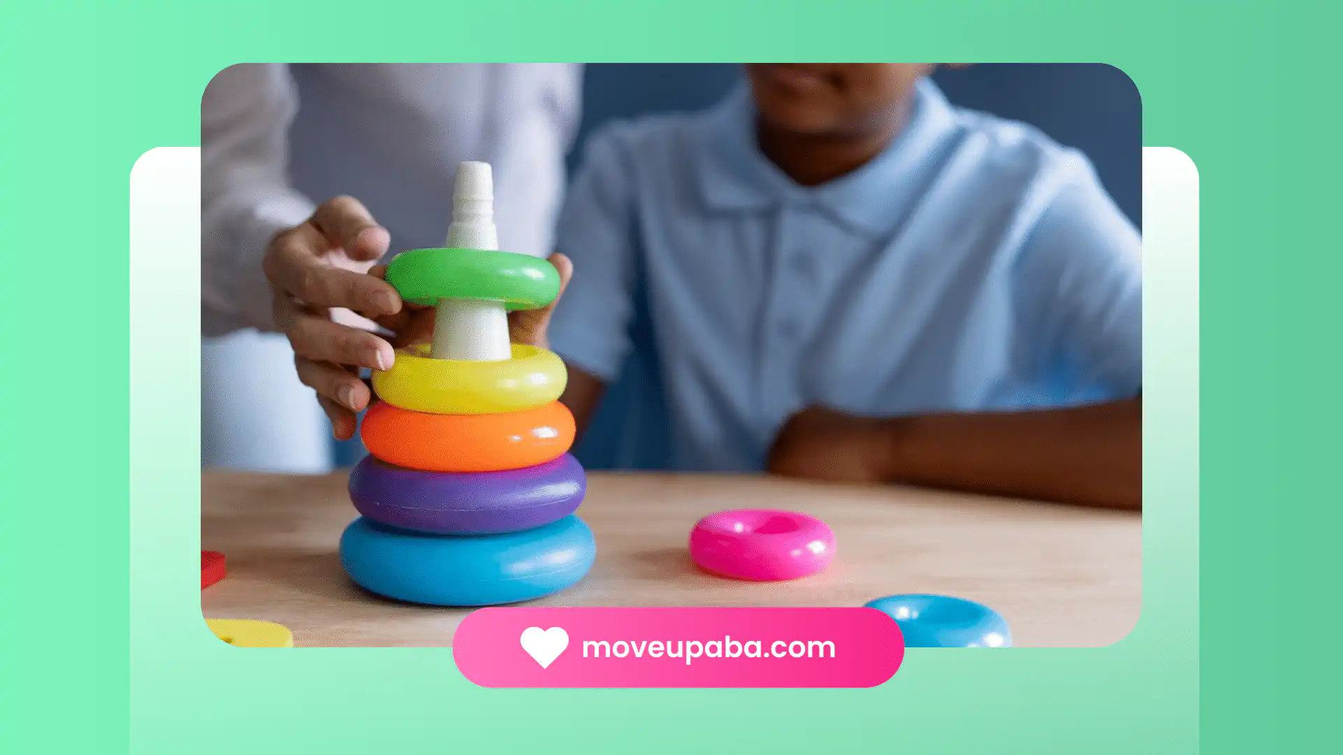 An autistic boy playing with educational toys during ABA therapy.