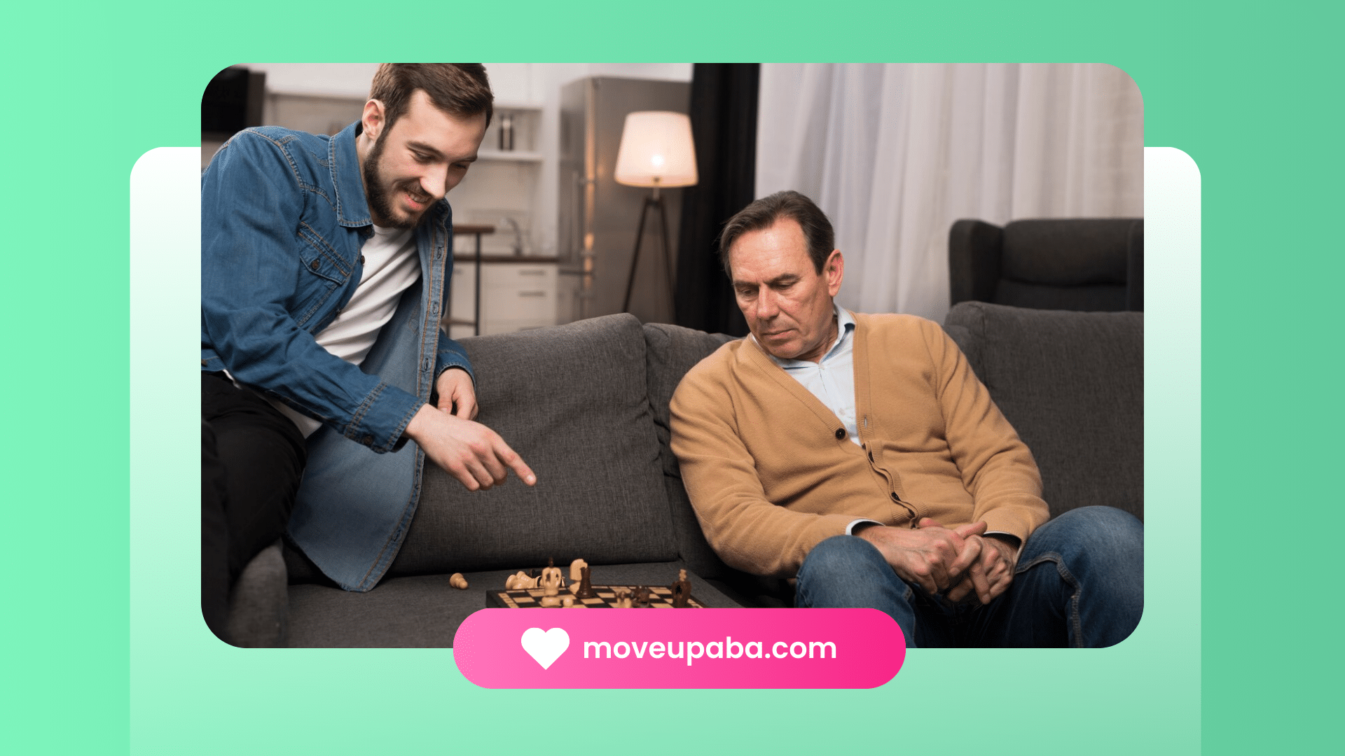 Two men playing chess on a couch.