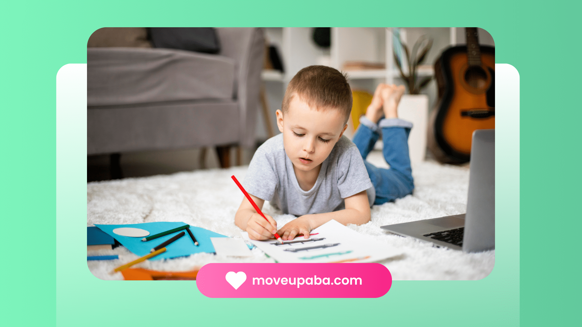 A young boy lying on the floor and coloring with pencils, showcasing a relaxed learning moment for a child with autism