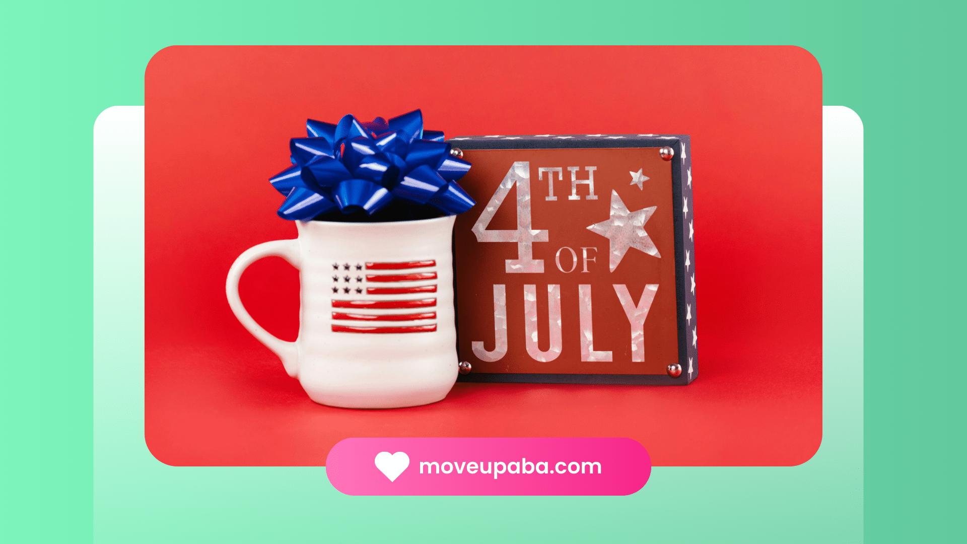 A festive 4th of July setup with a white mug adorned with the American flag and a blue bow