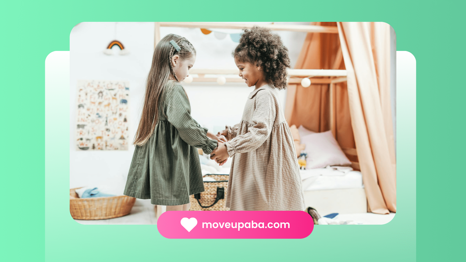 Autistic girls happily held hands in a playful room during their ABA therapy session in Maryland.