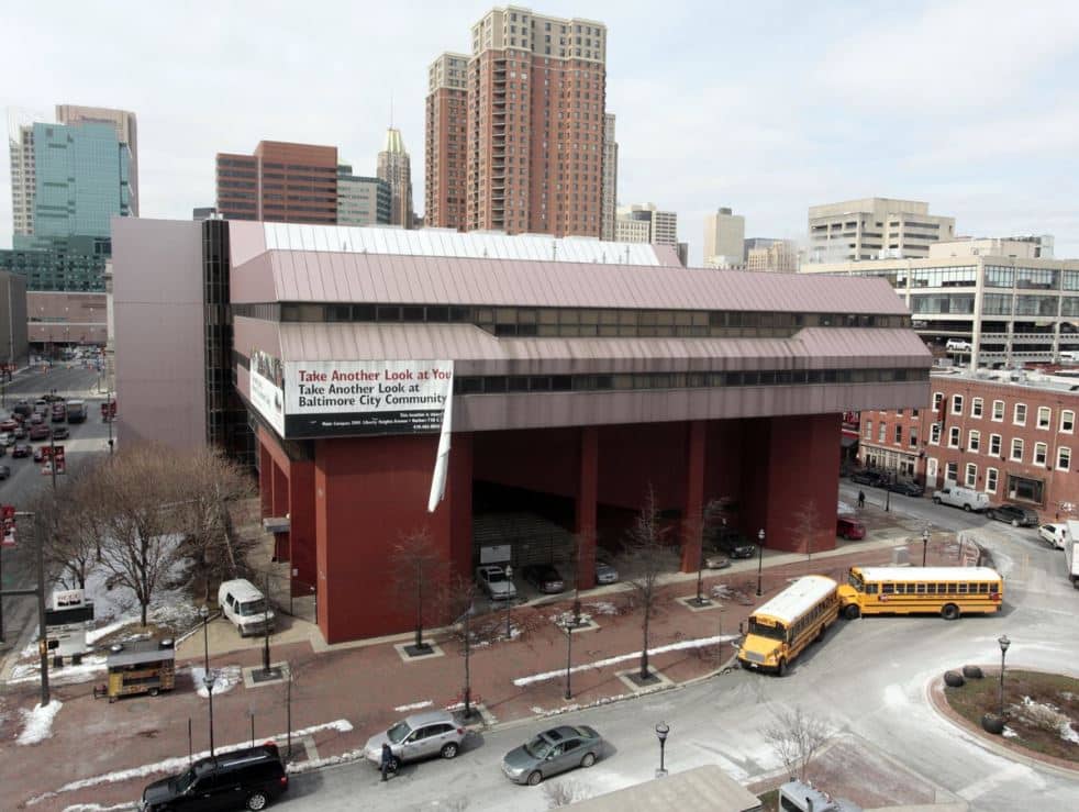 Baltimore Community College Building with buses at the front