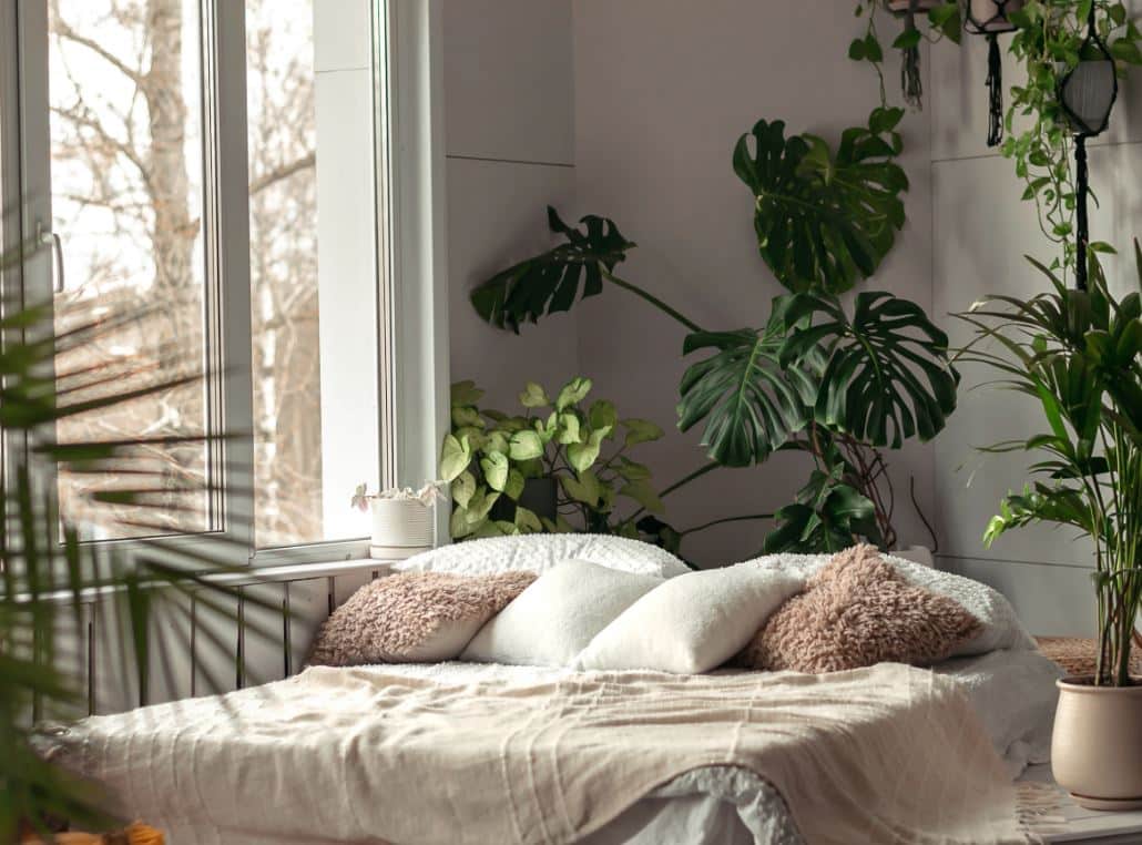 bed by the window surrounded by houseplants