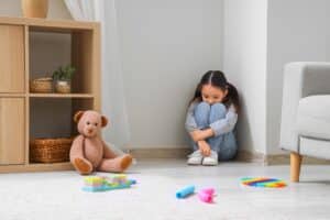 Lonely little girl with autistic disorder sitting in corner at home