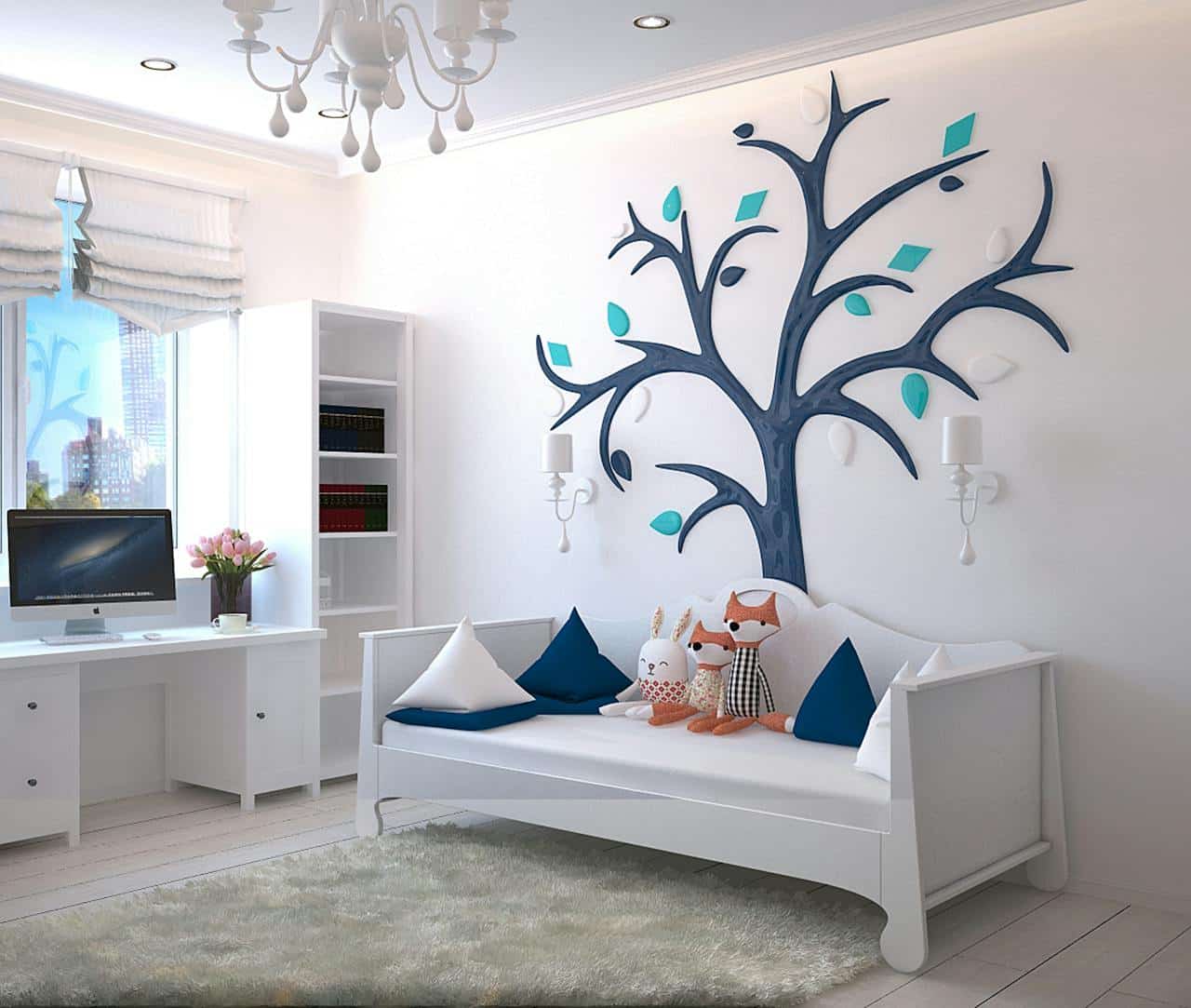 room with a branching tree decoration on the wall