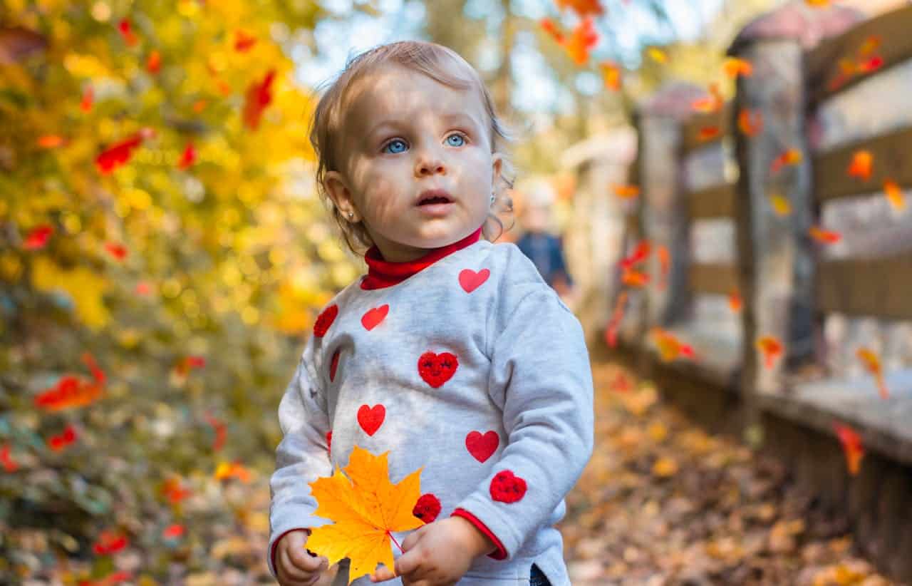 toddler looking at falling autumn leaves