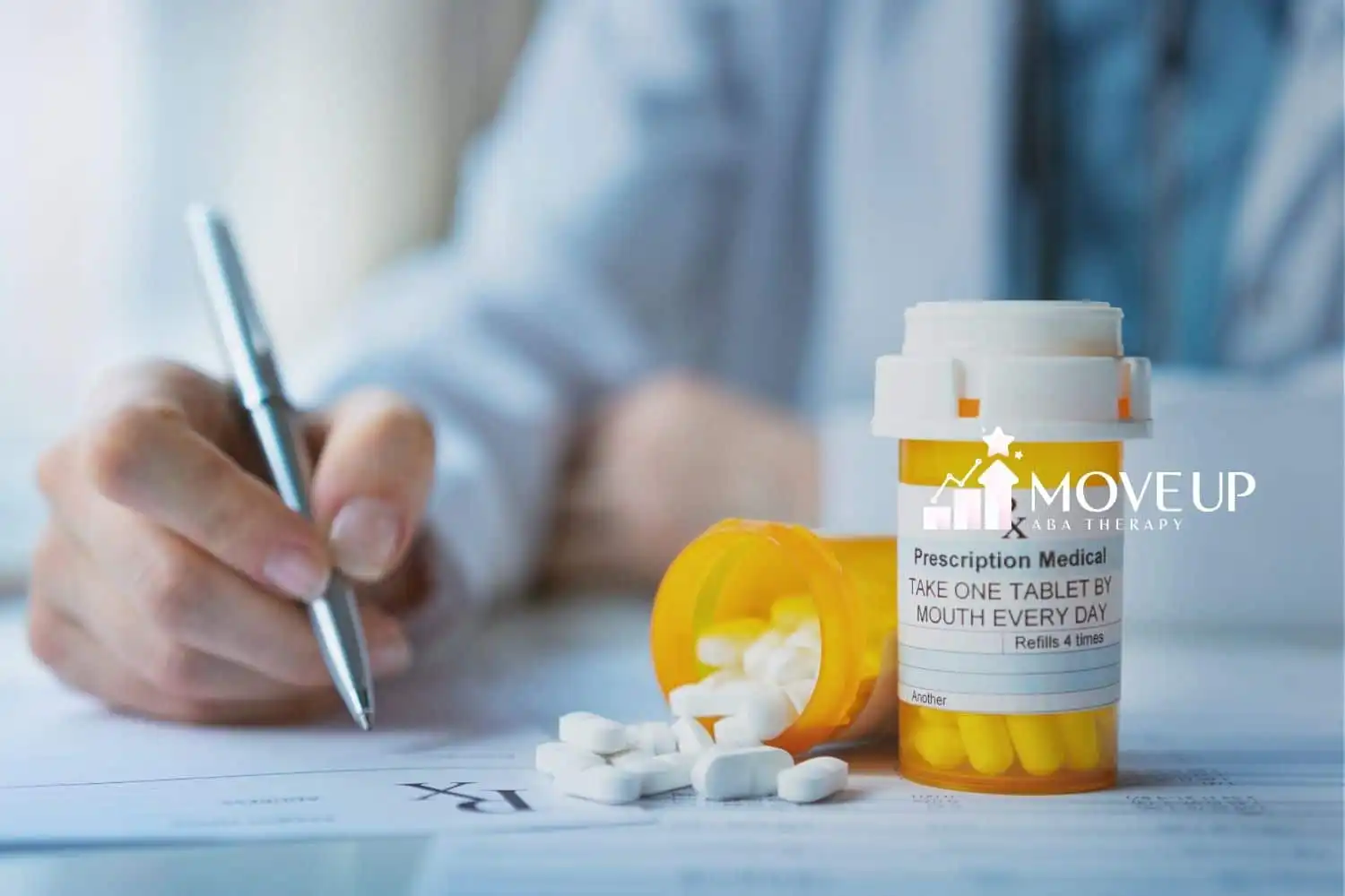 A set of oral medicine on top of table, with the doctor writing recipes behind