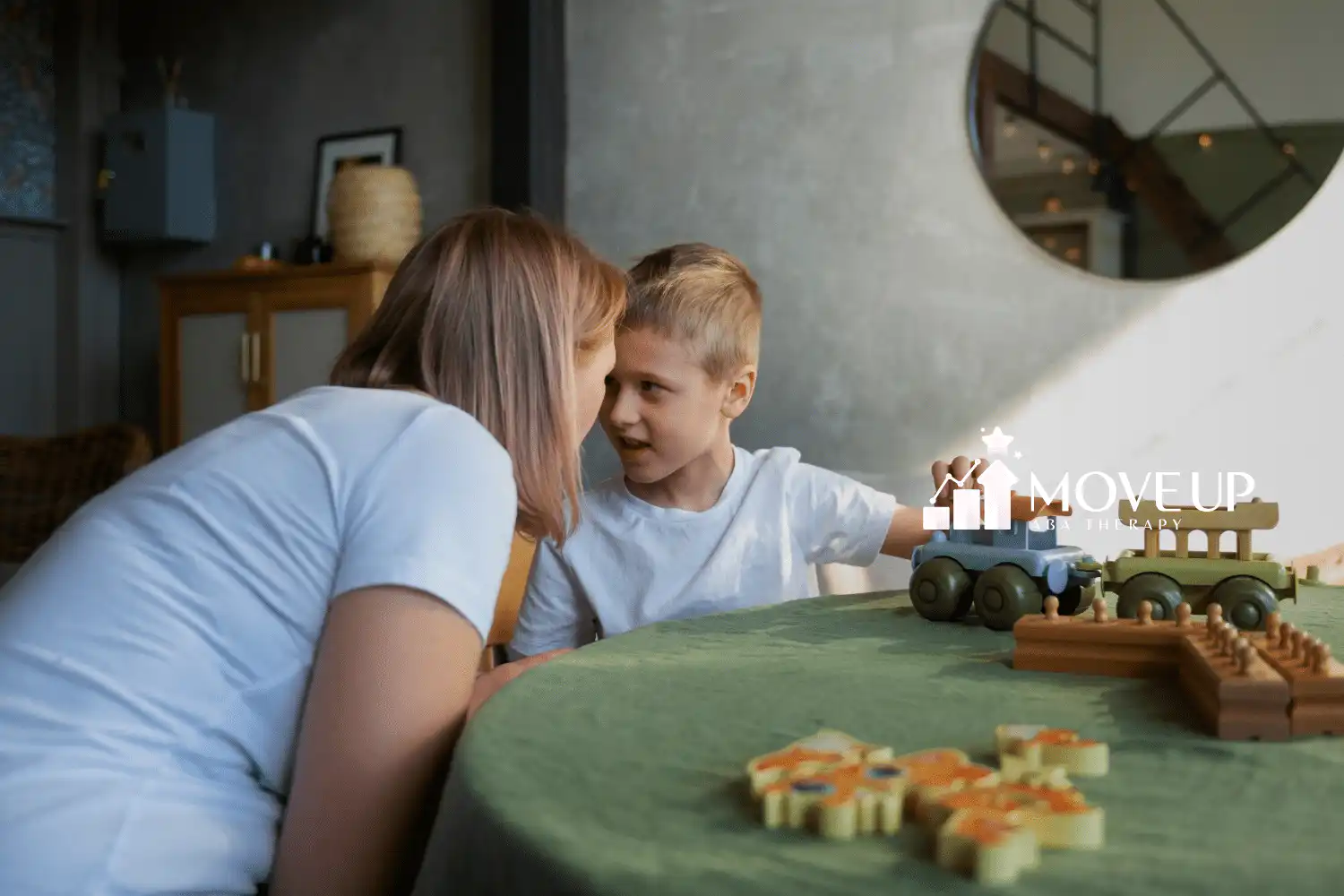 A mother and her autistic child talking to each other