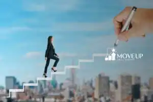 An illustration of a woman on a career stair.