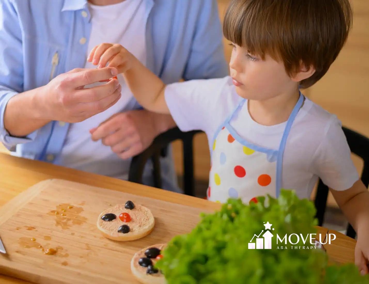 A boy with autism is helping his parent prepare a healthy meal