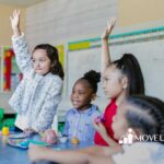 Group of autistic kids at a table raising hands during ABA therapy playtime session in Virginia.