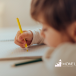 A kid with autism is writing on a notebook