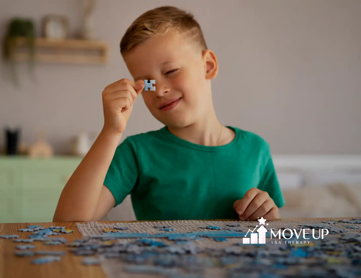 An autistic child is playing with puzzles on a table