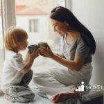 A mother and her child enjoy a moment of bonding while sharing cups of drinks and waiting for in-home ABA therapy session to start.