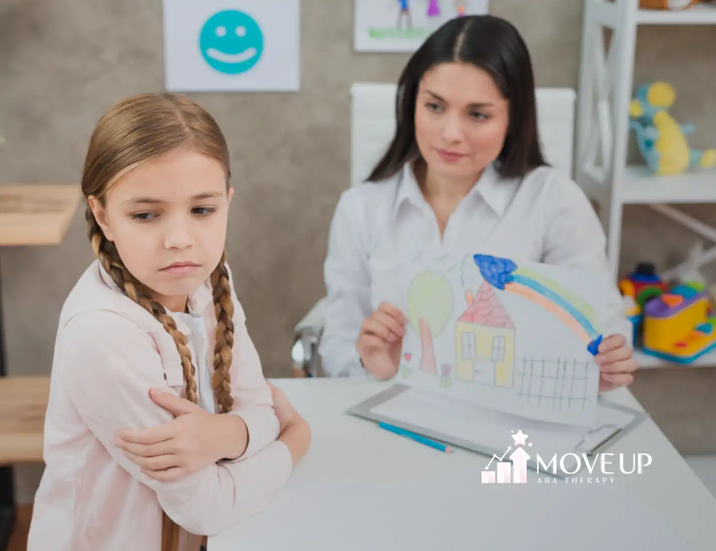 A child with autism handling her emotions during ABA therapy