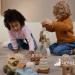 Two kids with autism playing with learning blocks together