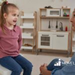 An autistic girl talking with an ABA therapist while sitting on a chair in a playroom.