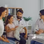 Smiling family with a young daughter meeting with a female doctor in a bright office