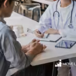 Man in a gray shirt sits across from a doctor in a white coat with a stethoscope during a medical consultation