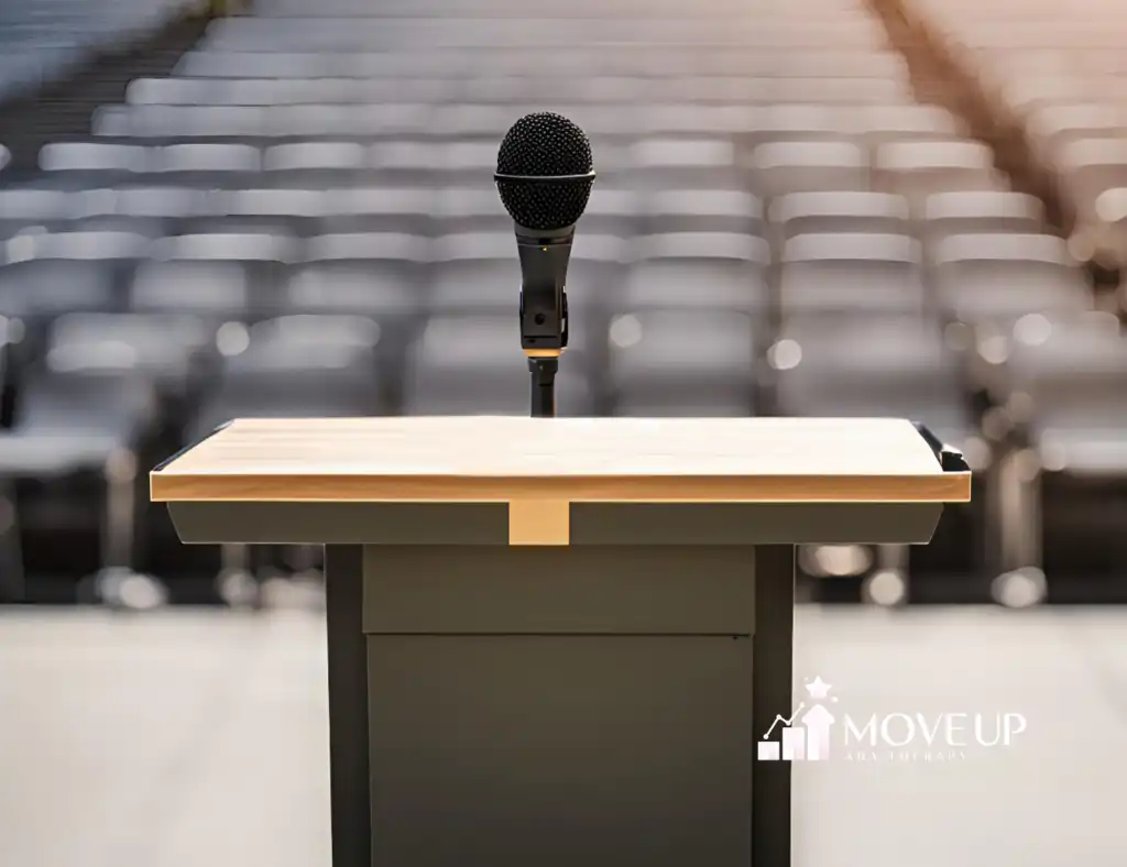 Empty podium with a microphone facing rows of stadium seating at an outdoor graduation venue.