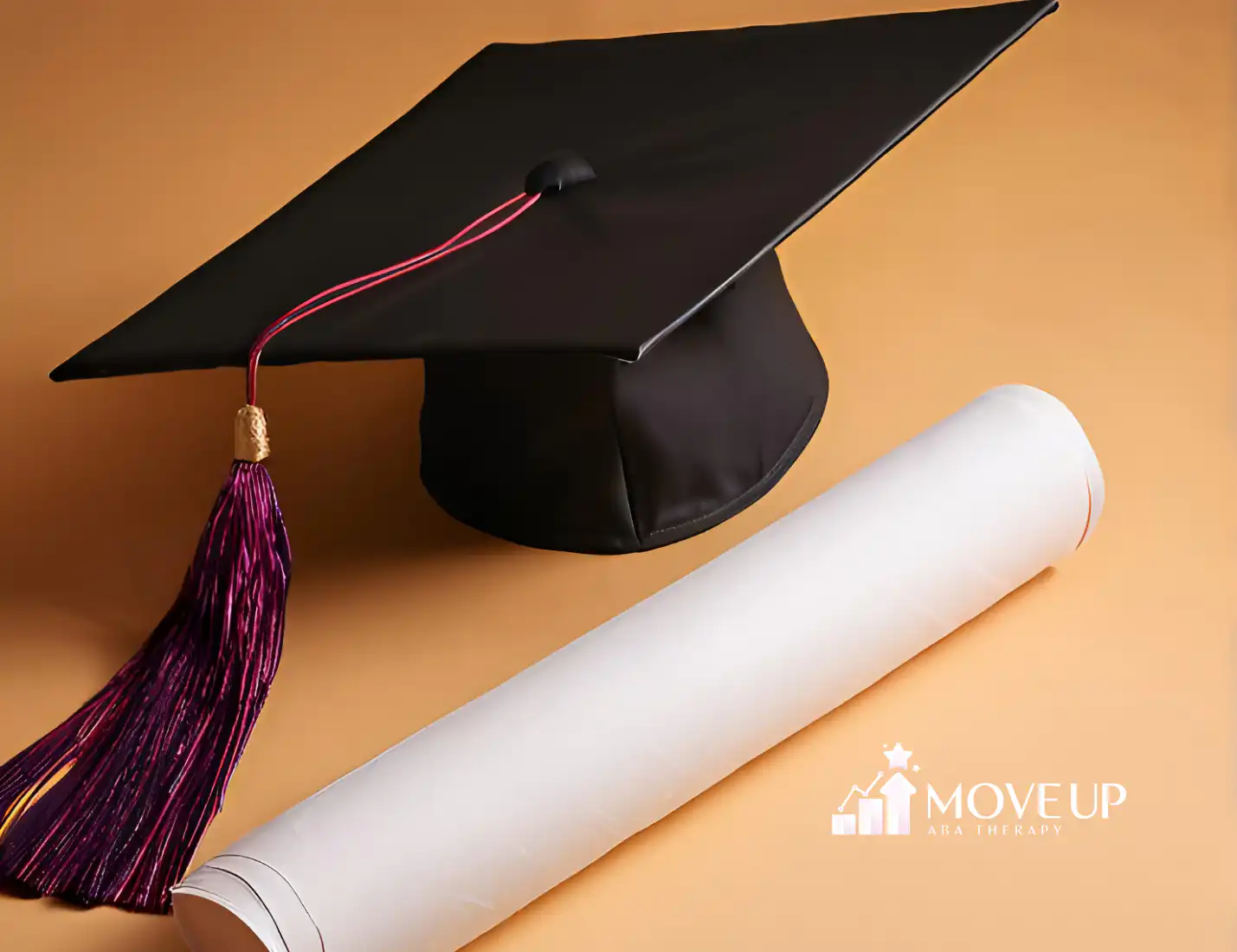 Black graduation cap with a purple tassel and a rolled white diploma resting on an orange background.
